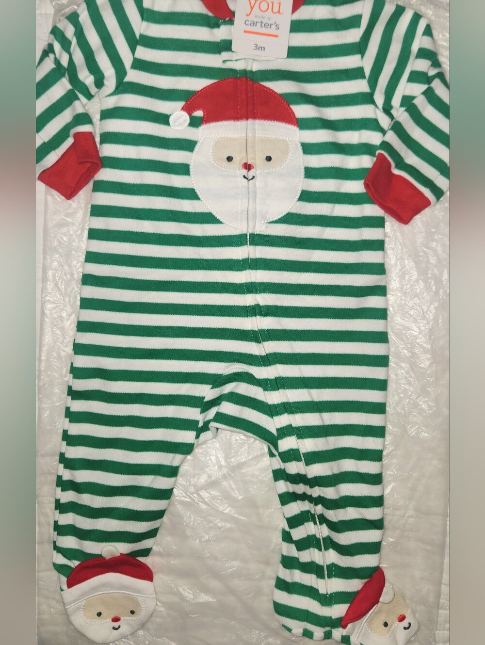 Just Onw You by Carter's Green & White Striped Santa One-Piece Romper 3M NWT